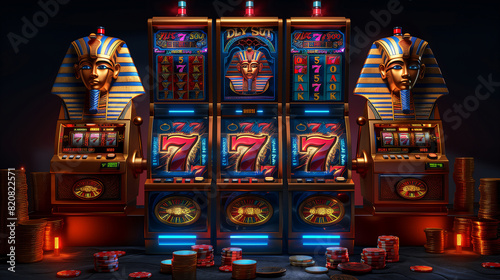 Egyptian-themed slot machines with vibrant displays featuring pharaohs and the number seven, surrounded by casino chips generative ai raster illustration.