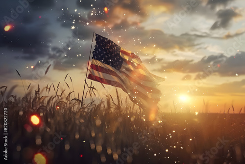 American flag at sunset in wheat field