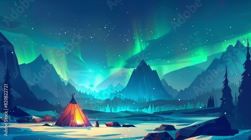 A nordic borealis scene landscape with bonfire and aurora sky at night. Scandinavian campfire recreation in a winter landscape.
