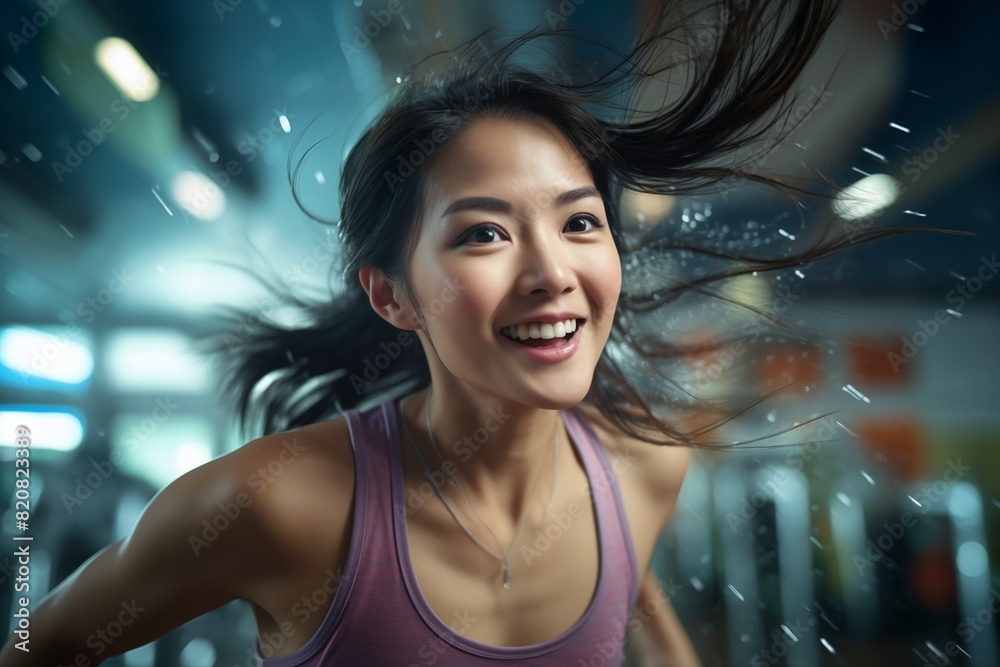 Energetic Woman Running with Wind-Swept Hair. Woman with wind-swept hair runs energetically, smiling brightly, with a dynamic background, creating a sense of movement.