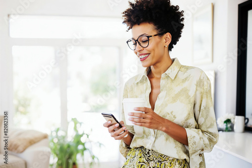 Woman Holding Coffee Cup and Checking Cell Phone. Generative AI photo