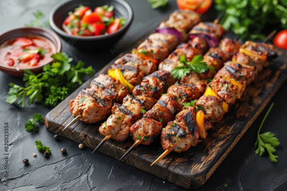 Appetizing kebab on a wooden board with sauces Appetizing kebab on a wooden board with sauces