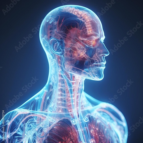 A detailed anatomical illustration of a human head and neck, showing the nervous system, organs, and muscles. photo