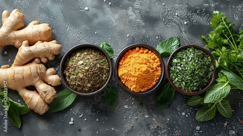 High-quality top view of fresh ginger, dried herbs, turmeric powder, and various green herbs on a textured dark background. photo