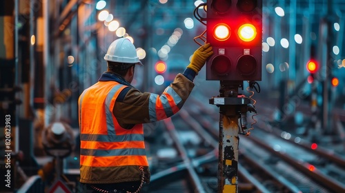 Railway worker in safety gear adjusting a signal light on the tracks at dusk. photo