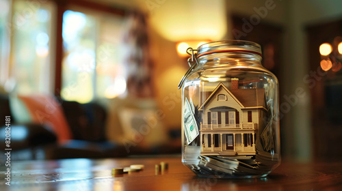 Jar with money and figure of house on table