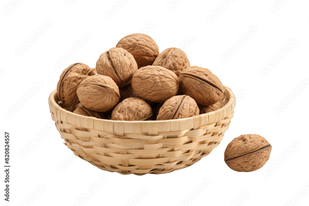 Harvest of the Forest: A Bounty of Walnuts in a Weathered Wooden Vessel on a White or Clear Surface PNG Transparent Background. Harvest of the Forest: A Bounty of Walnuts in a Weathered Wooden Vessel on a White or Clear Surface PNG Transparent Background.