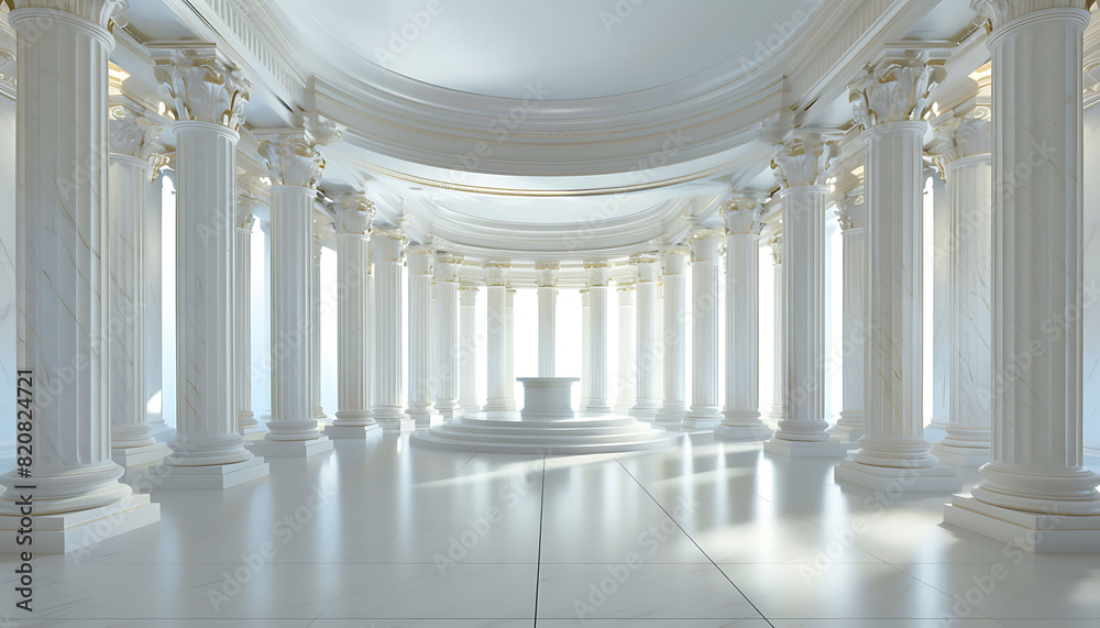 Naklejka premium Opulent Roman setting with towering columns and a central circular stage, featuring detailed carvings and soft, ethereal lighting, capturing the grandeur and elegance of ancient architecture.