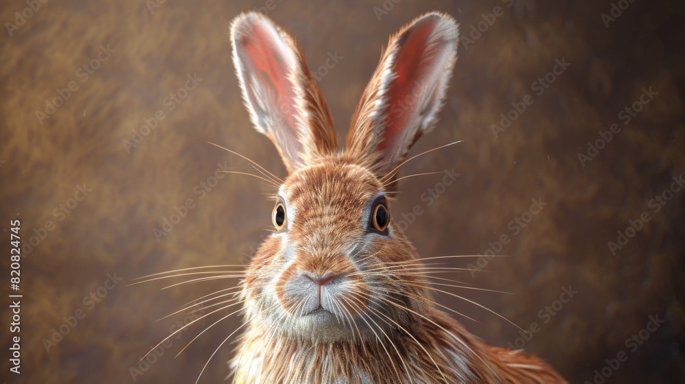 Obraz premium A close-up of a rabbit's face on a brown background. Ideal for animal lovers
