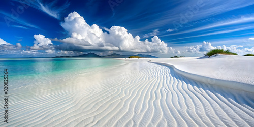White Sand and Blue Sky: Tranquil Beachscape. Perfect for: Summer Escapes, Beach Getaways, Tropical Vacations, Relaxation Retreats, Travel Brochures, Coastal Wedding Invitations. photo