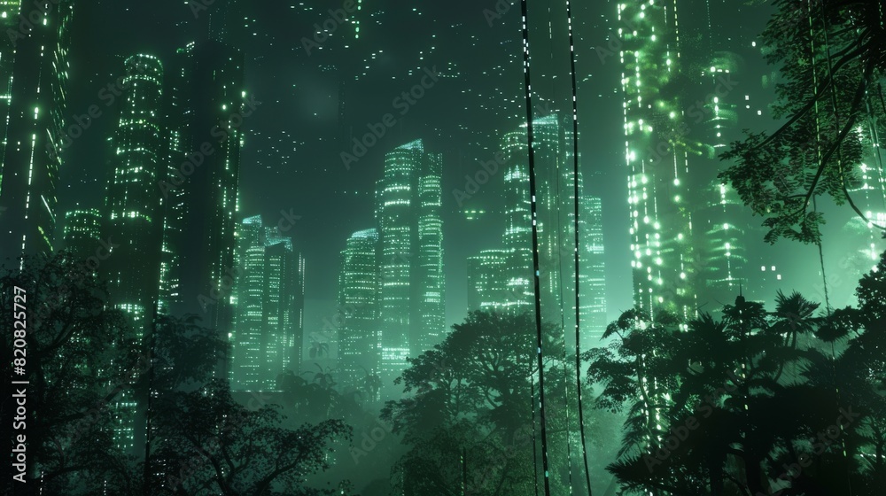Obraz premium Glowing Vines Crawl Across a Digital Landscape