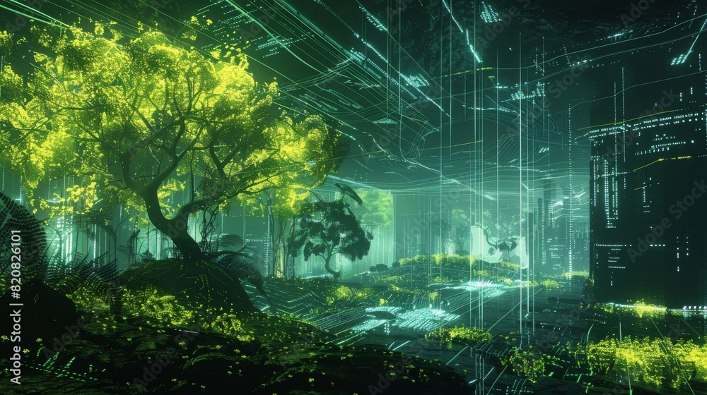Fototapeta premium Glowing Vines Crawl Across a Digital Landscape