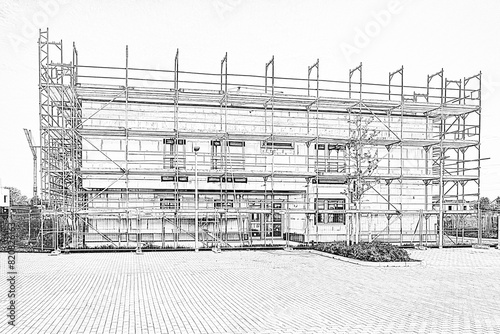 Haus mit Gerüst als Bleistiftzeichnung