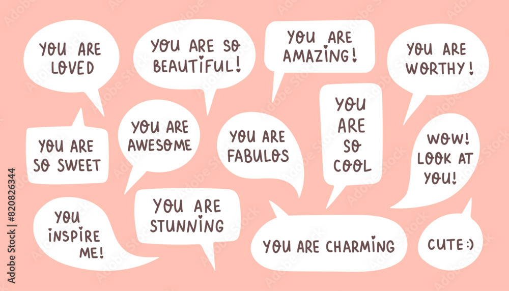 Set of speech bubbles with compliment phrases, self love quotes Set of speech bubbles with compliment phrases, self love quotes