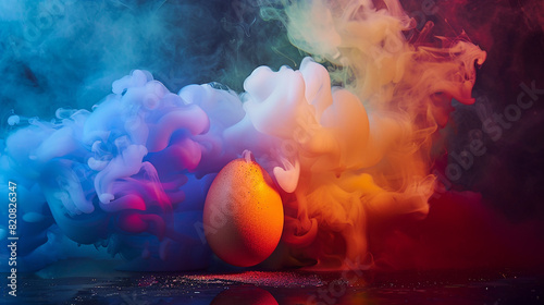 An egg enveloped in a cloud of colorful smoke.