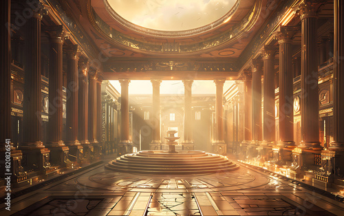 Beautifully designed classical architecture scene with a central circular platform surrounded by tall  ornate columns  illuminated by warm  golden light  creating a luxurious and timeless atmosphere.