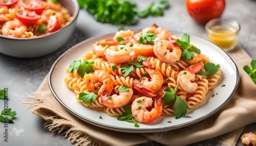 Homemade Creamy Tomato Shrimp Rotini Pasta with Parsley on a Plate, side view. Copy space. 