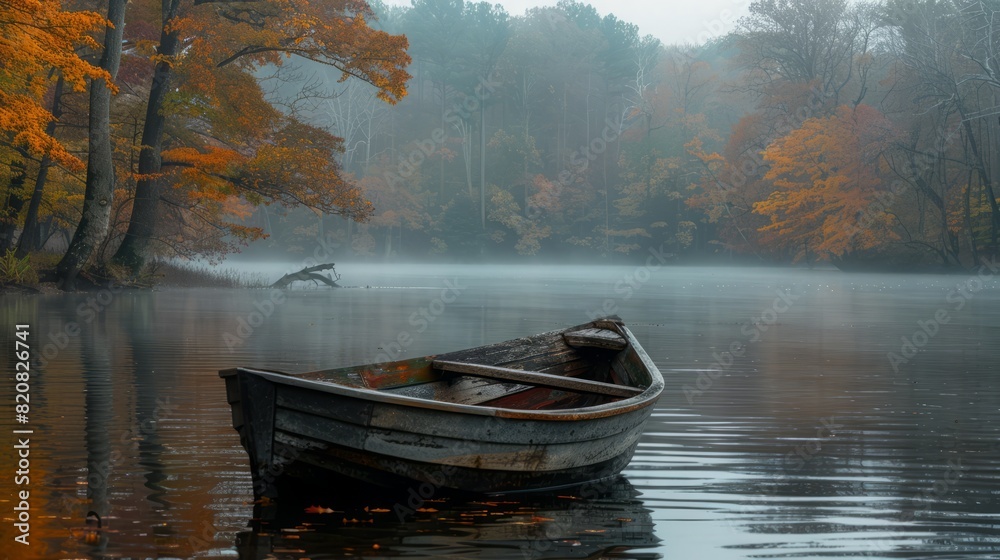 A boat is moored quietly in the river, creating a lonely atmosphere.