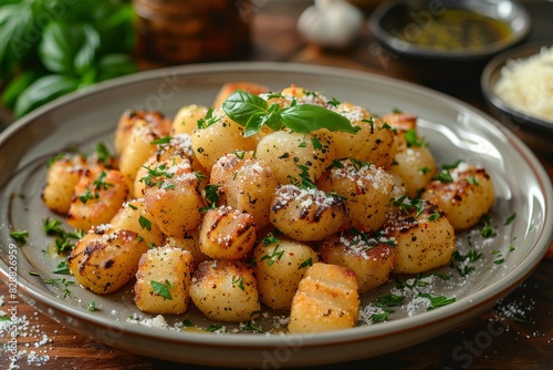 Gnocchi: A plate of potato gnocchi with a creamy sauce or a light tomato sauce, garnished with grated Parmesan and fresh herbs © Nico