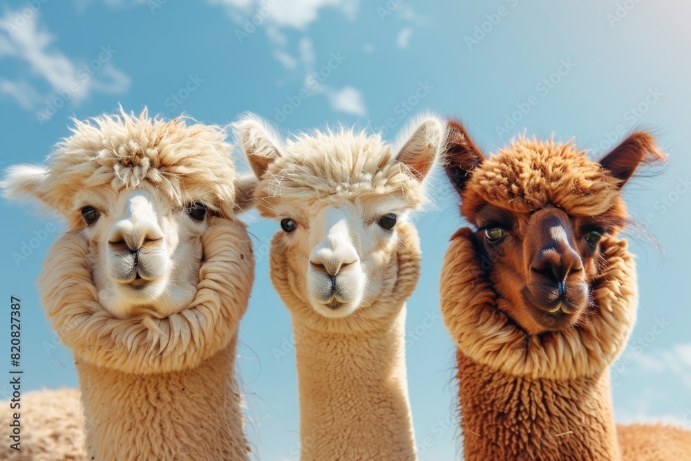 Three llamas standing together in a field. Suitable for animal and farm related projects