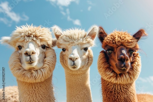 Three llamas standing together in a field. Suitable for animal and farm related projects