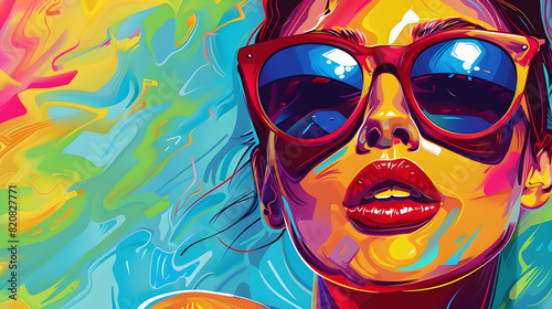 A woman with sunglasses on colorful background with copy space. Modern pop art illustration. Summer banner. photo