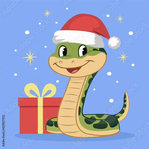 A cute  green snake in a Santa hat is holding a Christmas present. New Year animal vector illustration on a white background.