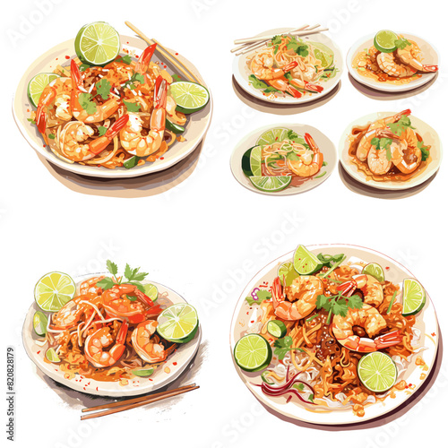 Delicious Thai shrimp pad thai with fresh lime, peanuts, and herbs, served on a white plate. A perfect Asian cuisine dish with vibrant colors and rich flavors.