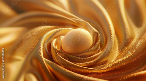 An egg gently resting in a swirl of golden fabric.