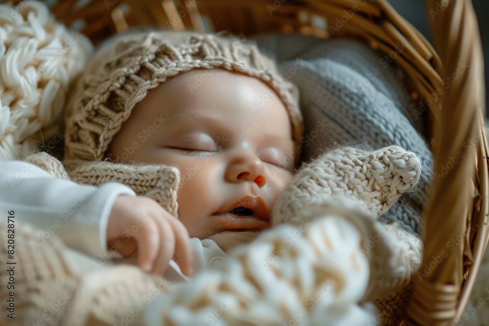A peaceful baby sleeping in a cozy basket with a cute knitted hat. Perfect for newborn photography or baby product advertisements A peaceful baby sleeping in a cozy basket with a cute knitted hat. Perfect for newborn photography or baby product advertisements