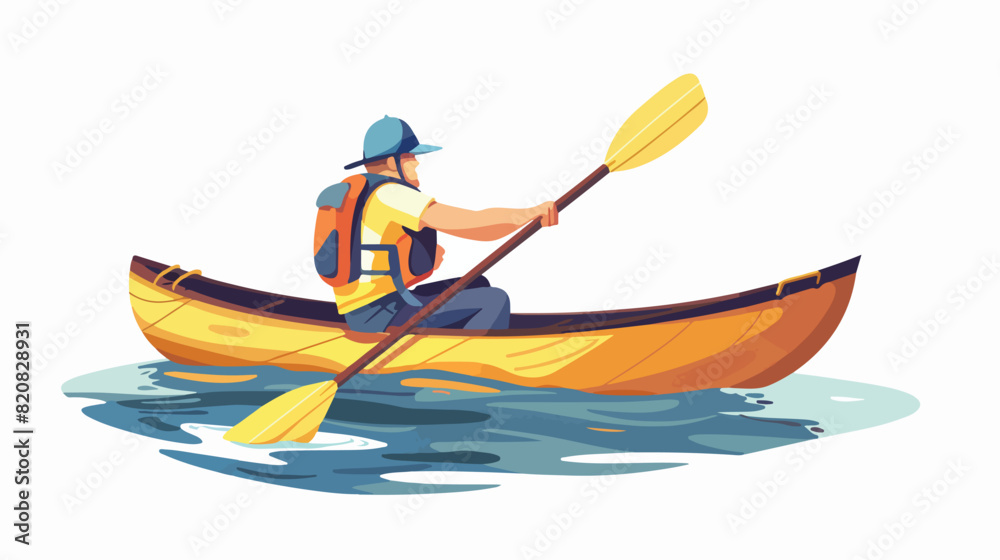 Man in solo canoe rowing with paddle on water. Person