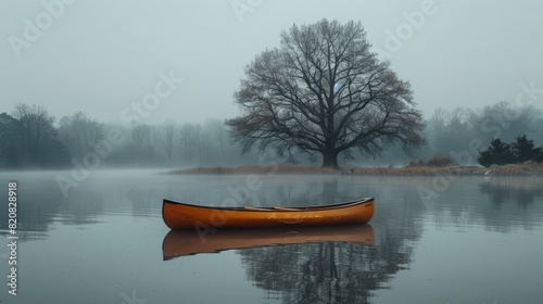 A boat is moored quietly in the river, creating a lonely atmosphere.