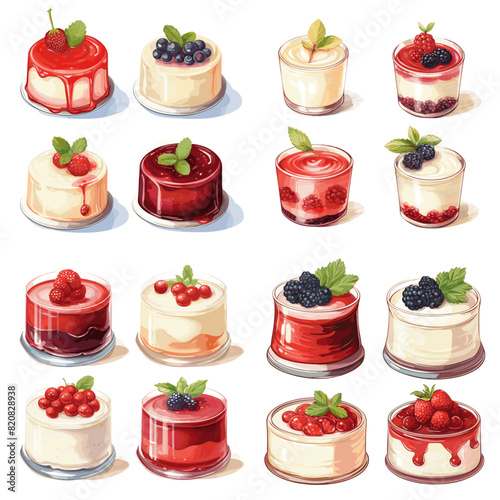 Vector illustration of different cakes. Set of colorful desserts with fruits.