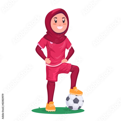Hijab Girl Athlete Soccer Sport Cartoon Illustration Vector