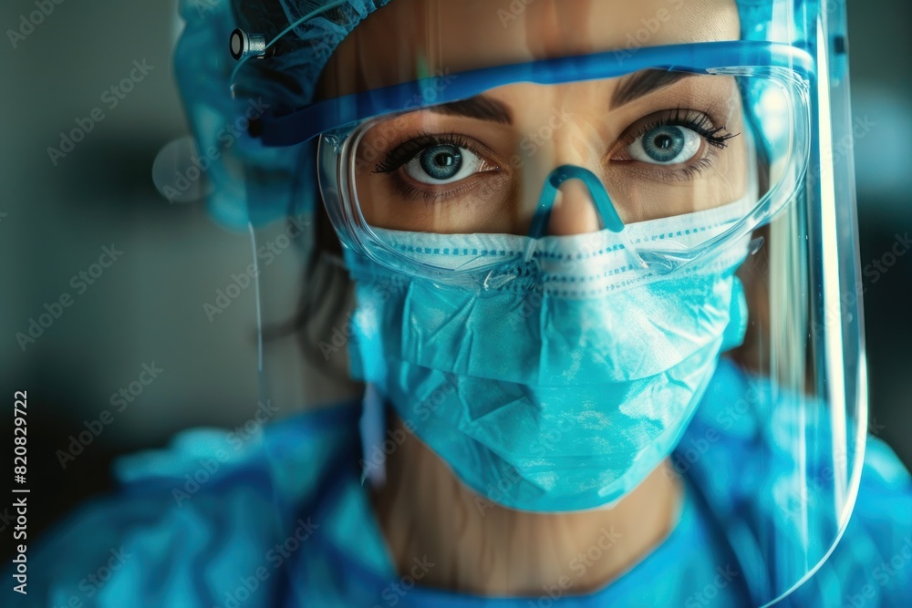 A woman in a blue surgical mask and a blue gown A woman in a blue surgical mask and a blue gown
