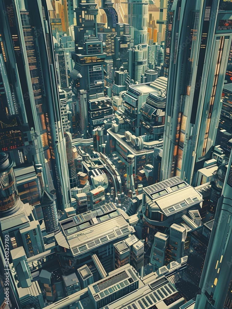 Fototapeta premium Birdseye Perspective of a Thriving Market A Bustling Financial District of Towering Chromeandglass