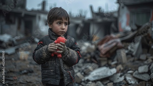 A child at the destruction after war photo