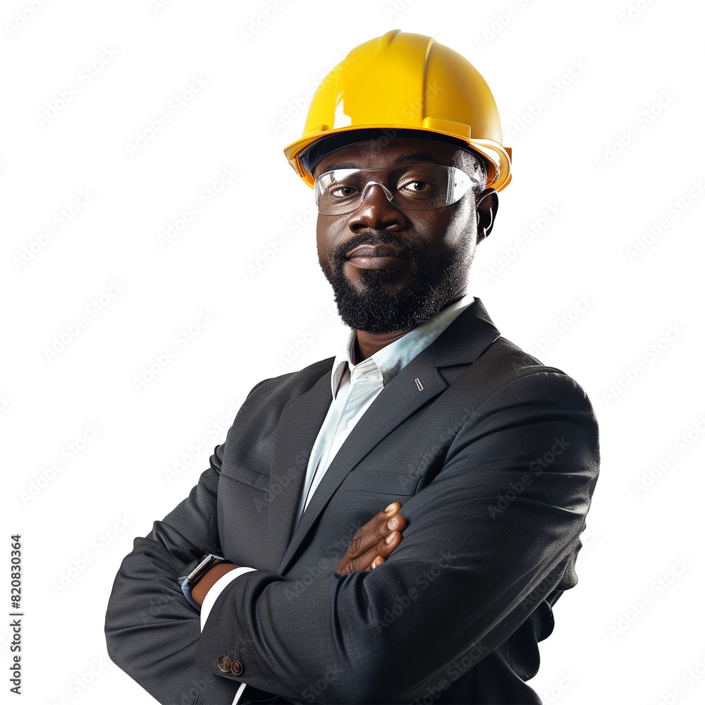 Confident African American Businessman Wearing Safety Helmet Indoors Confident African American Businessman Wearing Safety Helmet Indoors