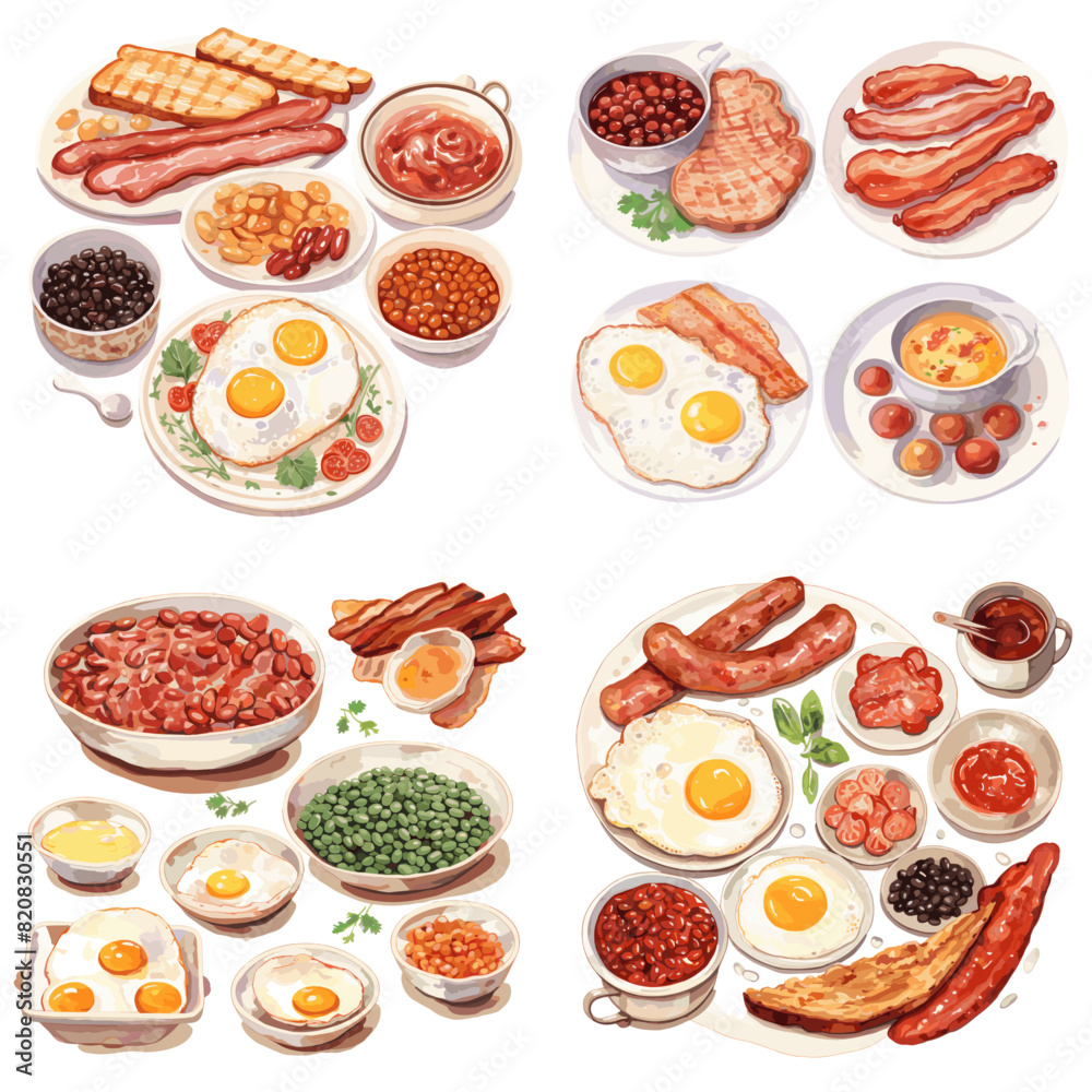 A traditional full English breakfast with scrambled eggs, sausages, beans, mushrooms, tomatoes and bacon. Top view. Vector illustration. Menu template for a restaurant. A traditional full English breakfast with scrambled eggs, sausages, beans, mushrooms, tomatoes and bacon. Top view. Vector illustration. Menu template for a restaurant.
