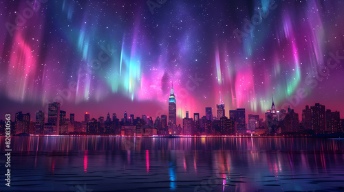 the Empire State Building, aurora borealis in the sky, sea, short exposure photography, vibrant colors, beautiful.