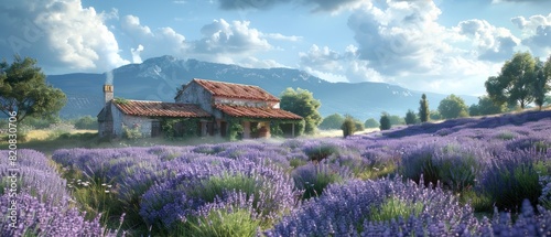 A house with a chimney sits in a field of purple flowers photo