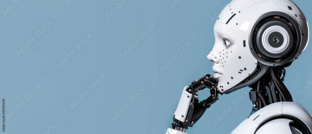 A robot with a white face and black ears is looking to the left A robot with a white face and black ears is looking to the left
