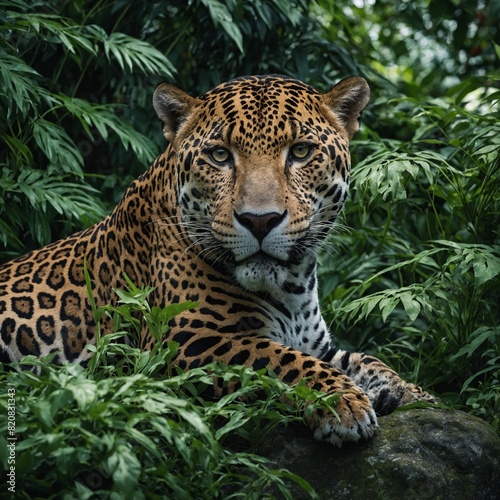 A jaguar resting on a rock surrounded by a sea of green foliage.  