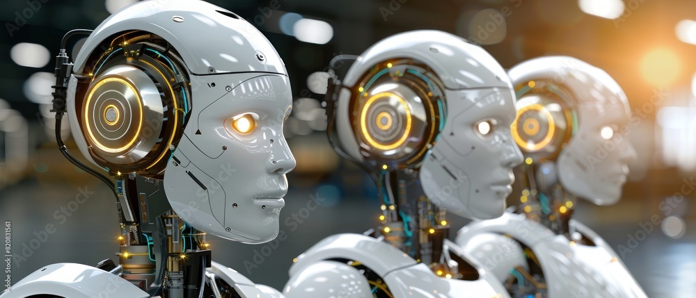 Fototapeta premium Three robots with yellow eyes and white bodies