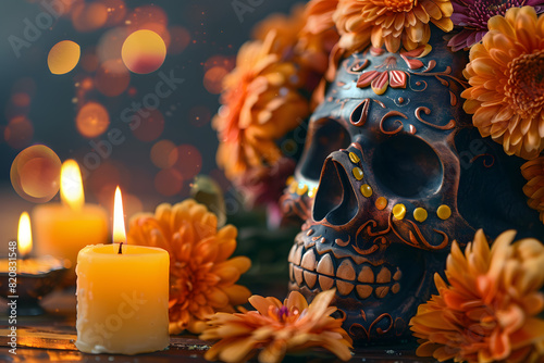 Colorful dia de los muertos skull with candles