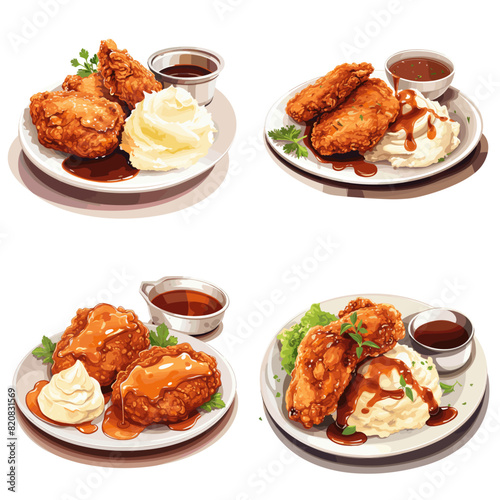 Fresh, hot, crispy deep fried chicken served on a white plate with tomato ketchup and mayonnaise