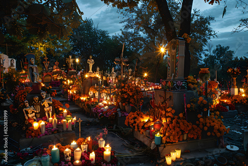 Vibrant day of the dead celebration at cemetery