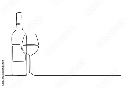 Wine glass and bottle continuous one line drawing vector illustration. Pro vector