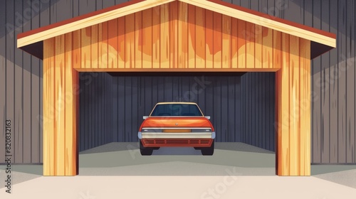 A car inside the opened wooden garage. Simple illustration AI generated