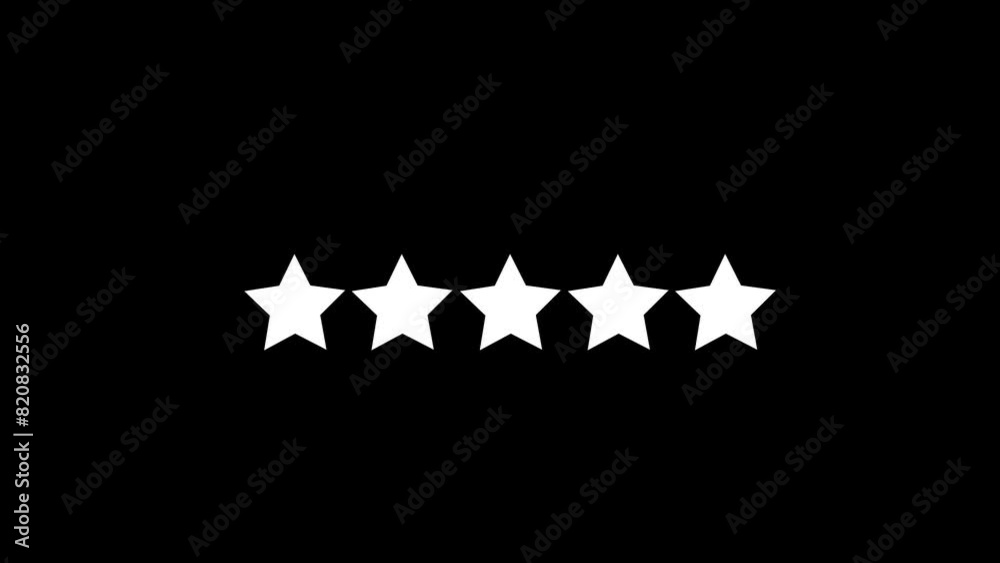 Five star rating review animation. Customer feedback rating. Star rating animation, product performance positive impression. 5 star rating animation on the black background.